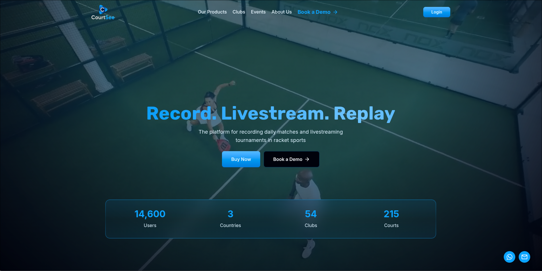 Courtsee homepage with the headline “Record. Livestream. Replay” above counters for 14,600 users, 3 countries, 54 clubs and 215 courts.