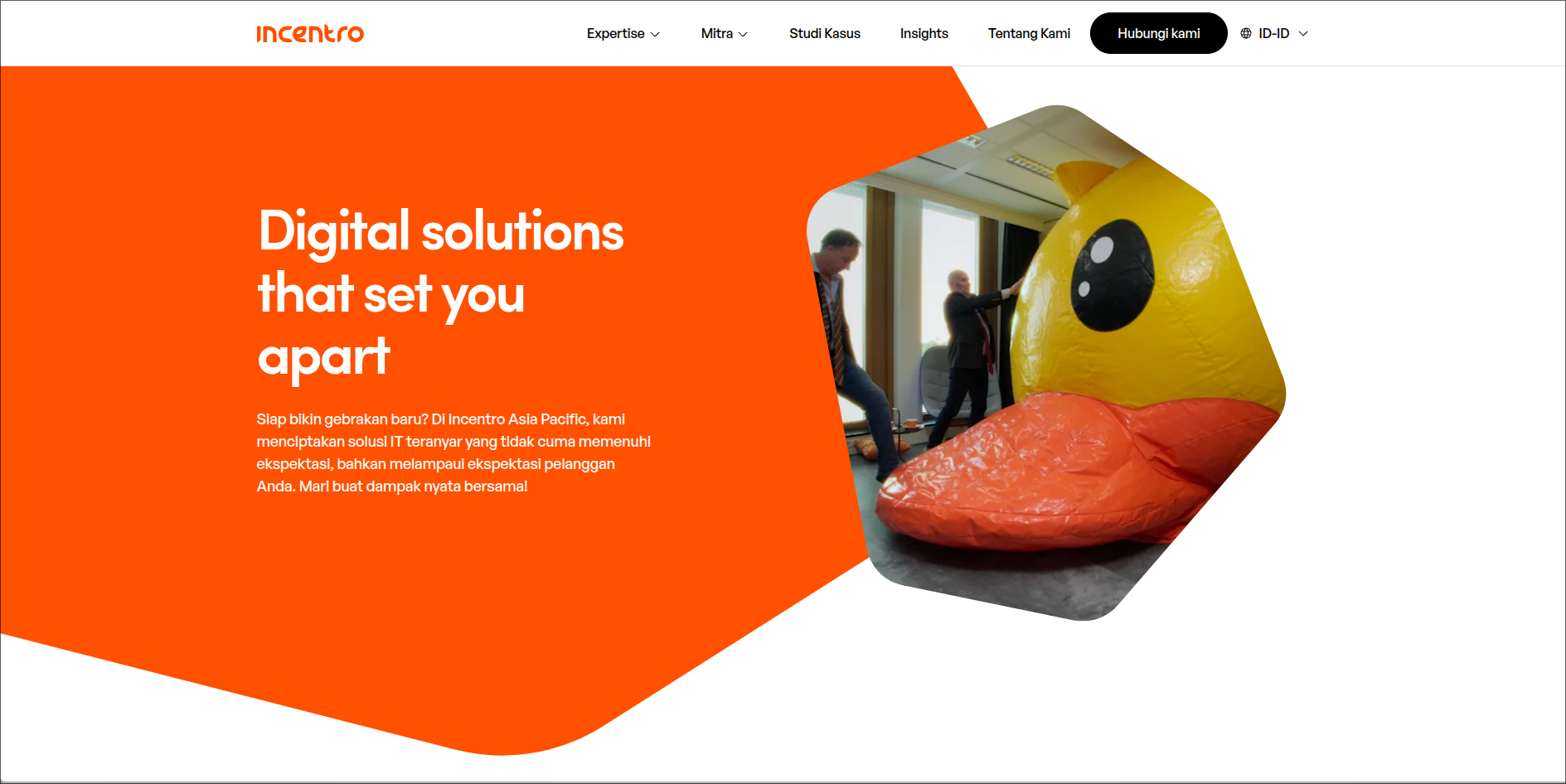 Incentro homepage with an orange hero panel reading “Digital solutions that set you apart” beside a photo collage.