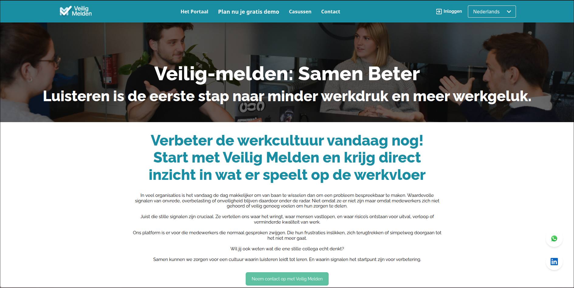 Veilig Melden homepage with the headline “Veilig-melden: Samen Beter” and a section about improving workplace culture by listening first.